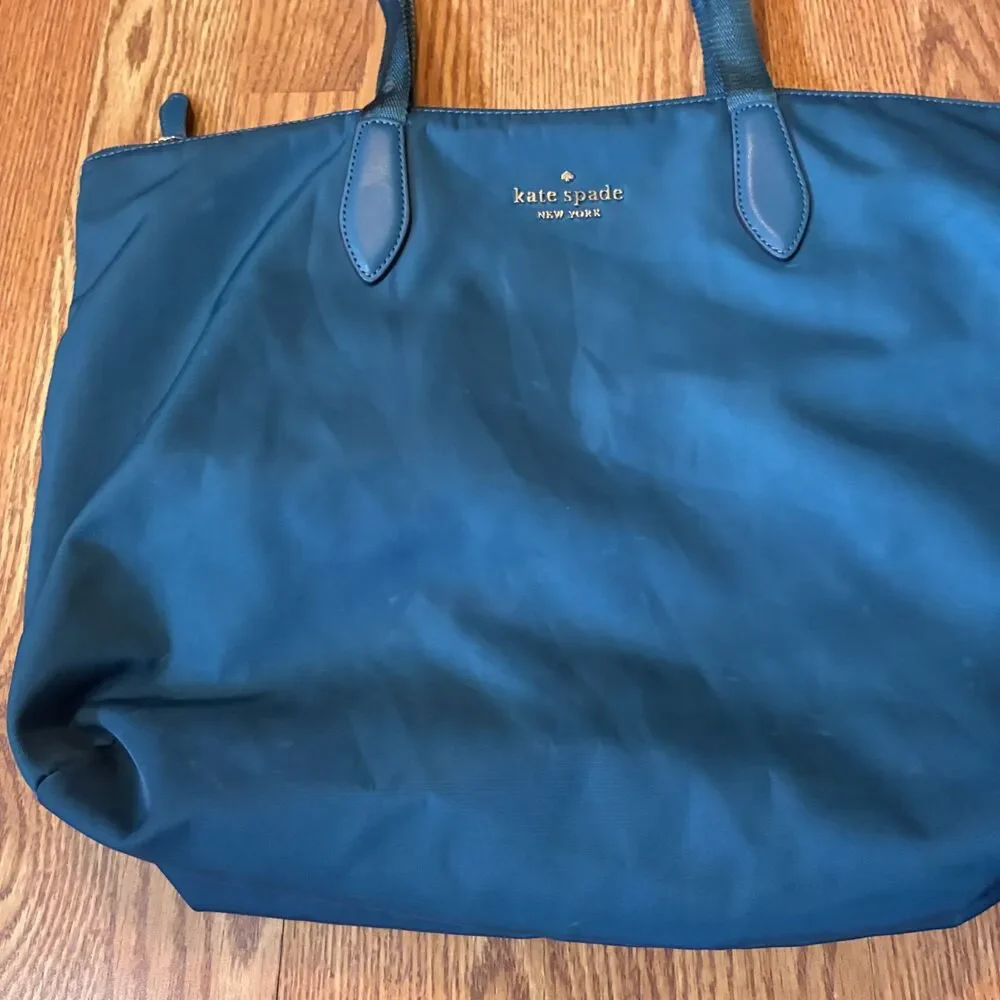 Kate Spade Teal Nylon Tote Bag Large Shoulder Purse Lightweight Travel Travel